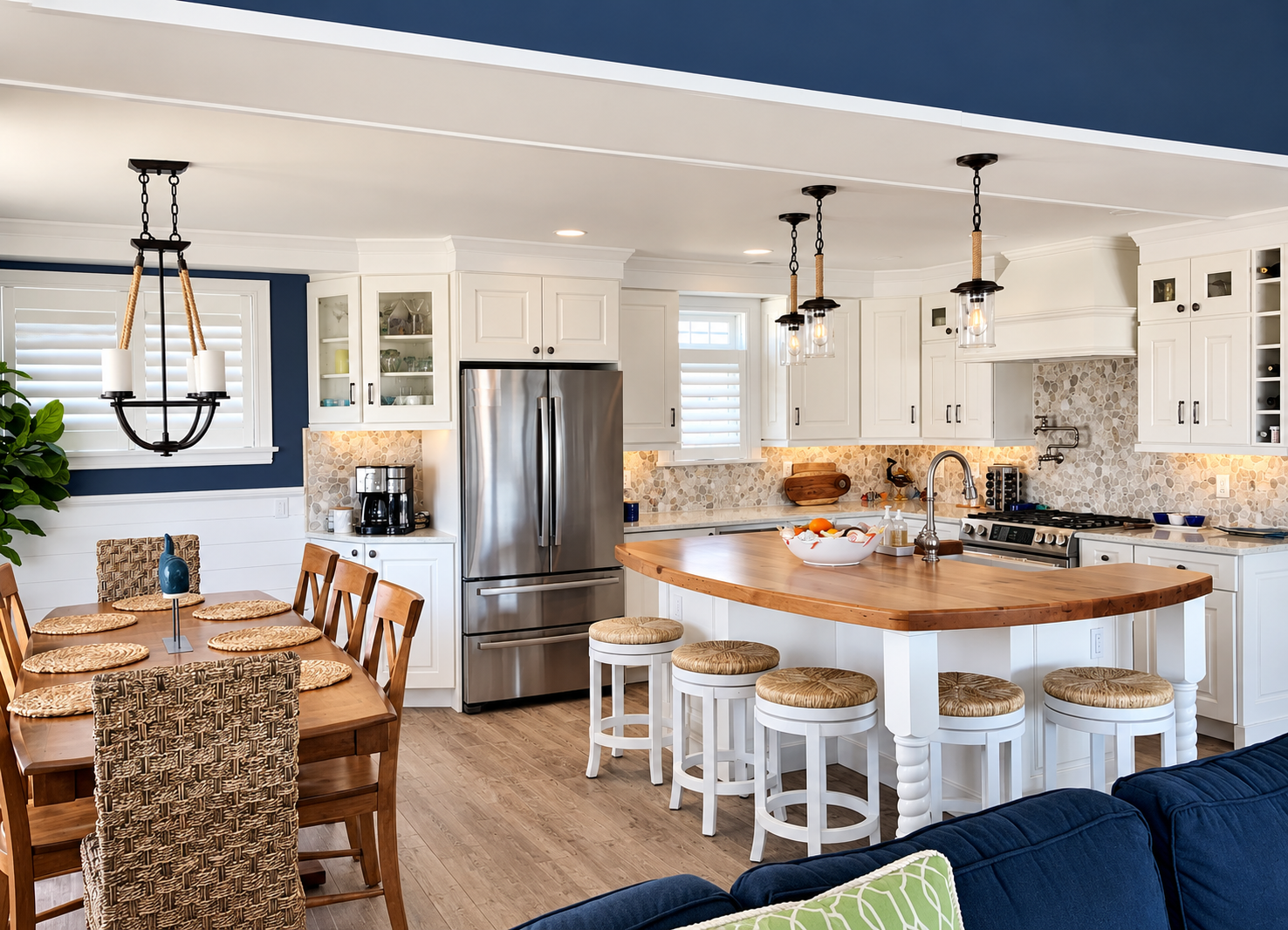 New kitchen and dining area with a large wood-top island in the renovated Sea Isle City duplex
