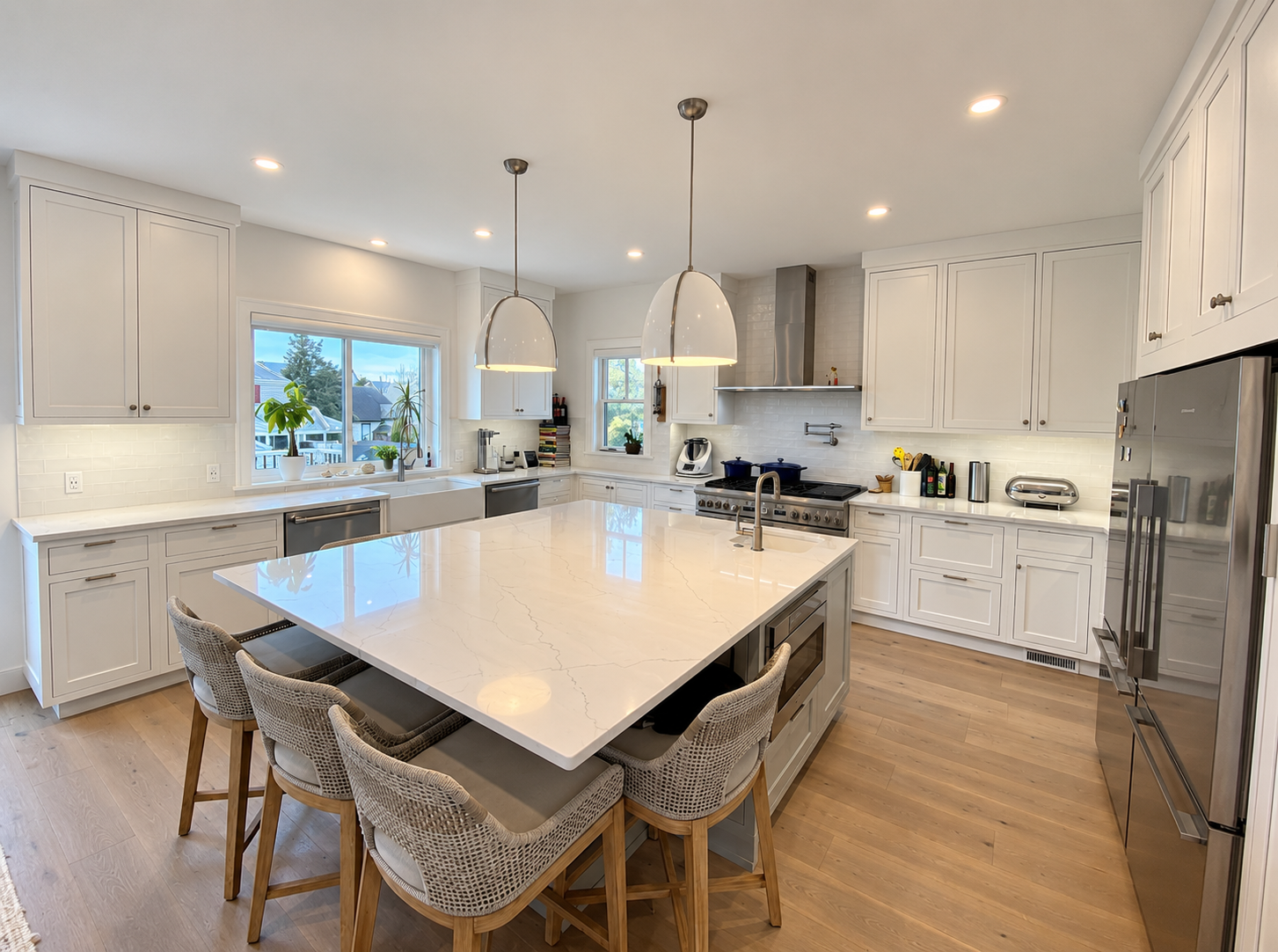 Kitchen island with seating and pendant lighting in the new custom home, 251 Crescent Rd, Ocean City, NJ