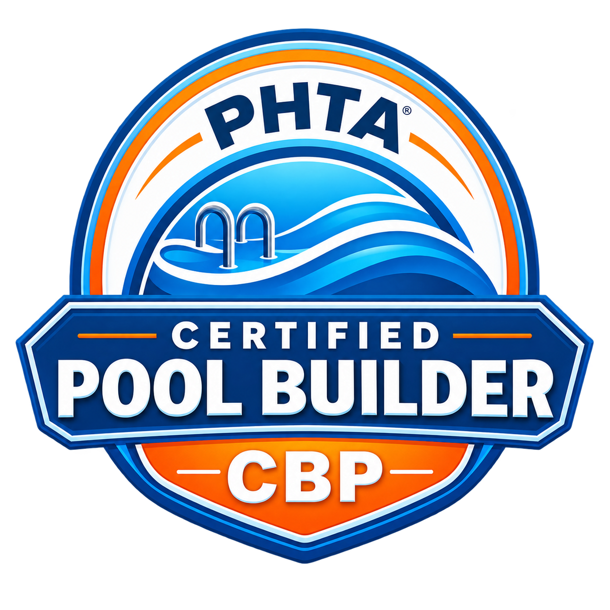 Badge indicating PHTA certified pool builder, featuring a swimming pool with a ladder, waves, and orange and blue design elements.