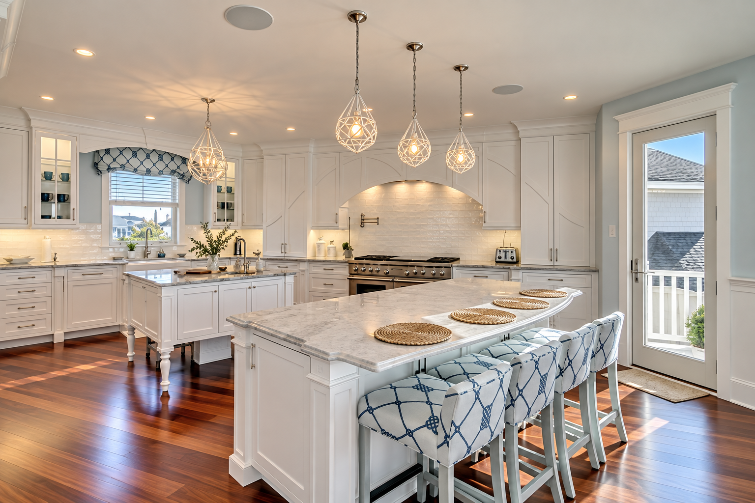 White kitchen with a large marble island and pendant lights in a new custom home in Avalon, NJ