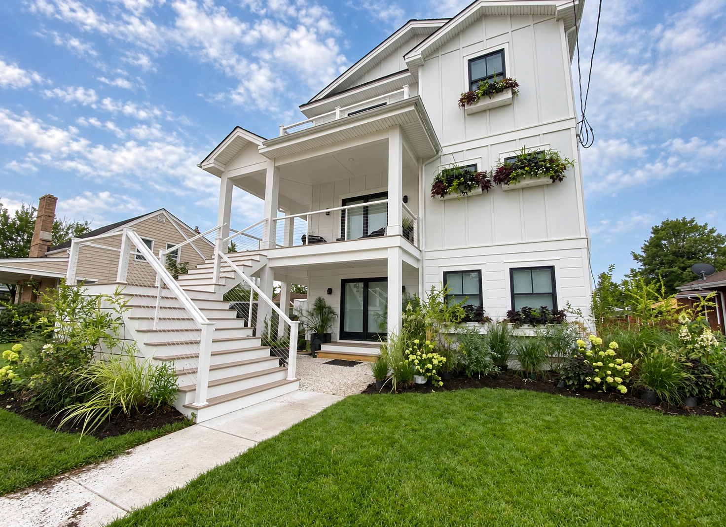 New custom home with white siding, self-watering window boxes and new landscaping, 251 Crescent Rd, Ocean City, NJ