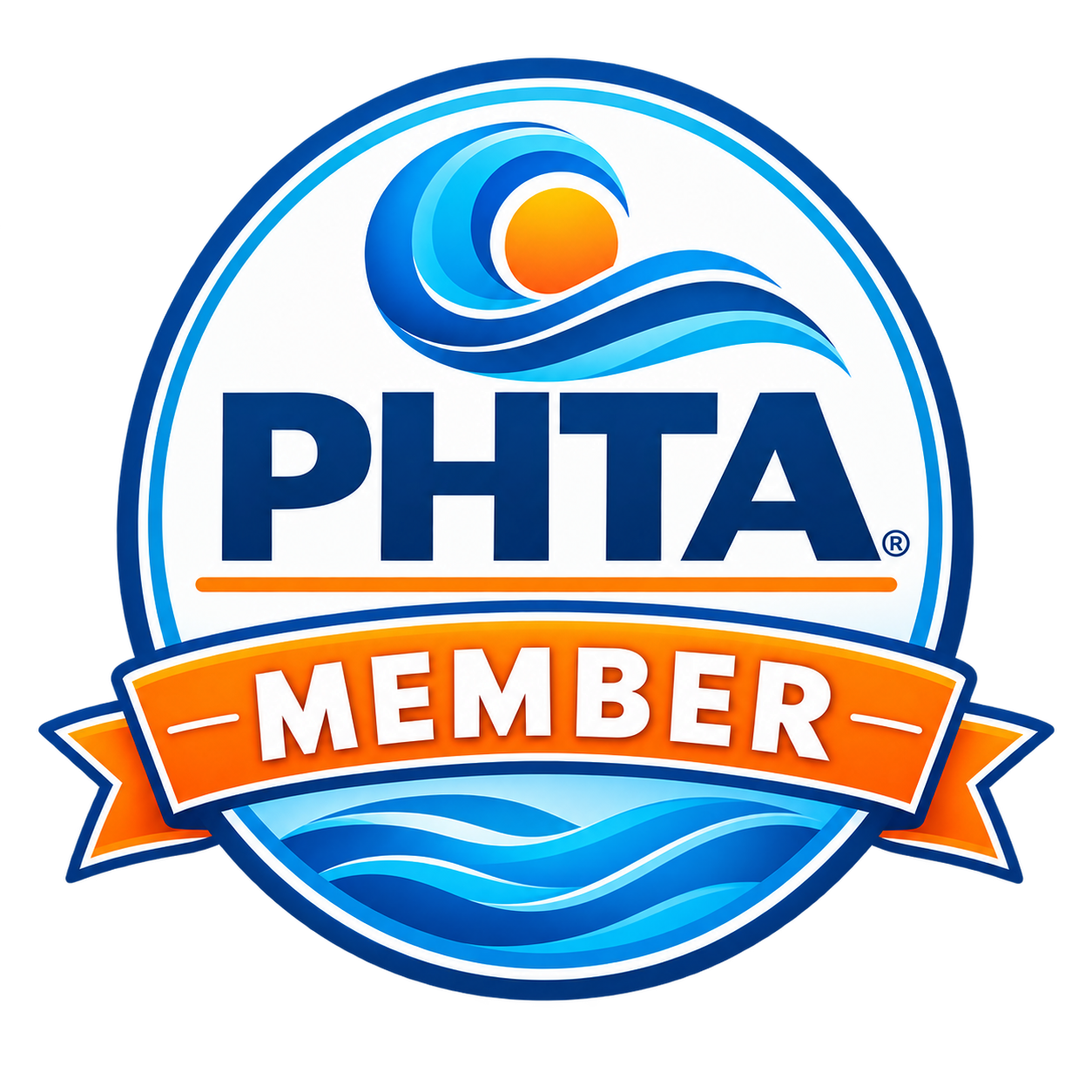 PHTA Member logo featuring a blue and orange wave design with a sun, and the text "PHTA Member" in bold letters.