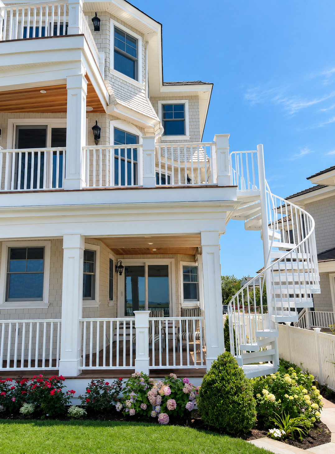 Spiral exterior staircase off the rear porches of a new custom home in Avalon, NJ