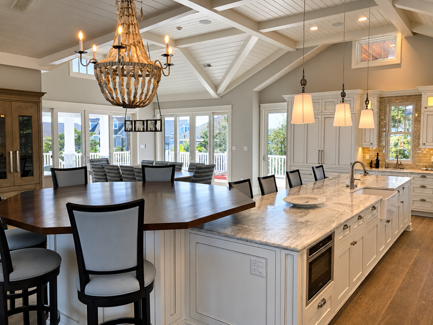 Kitchen island with round dining counter and beaded chandelier, Stone Harbor NJ