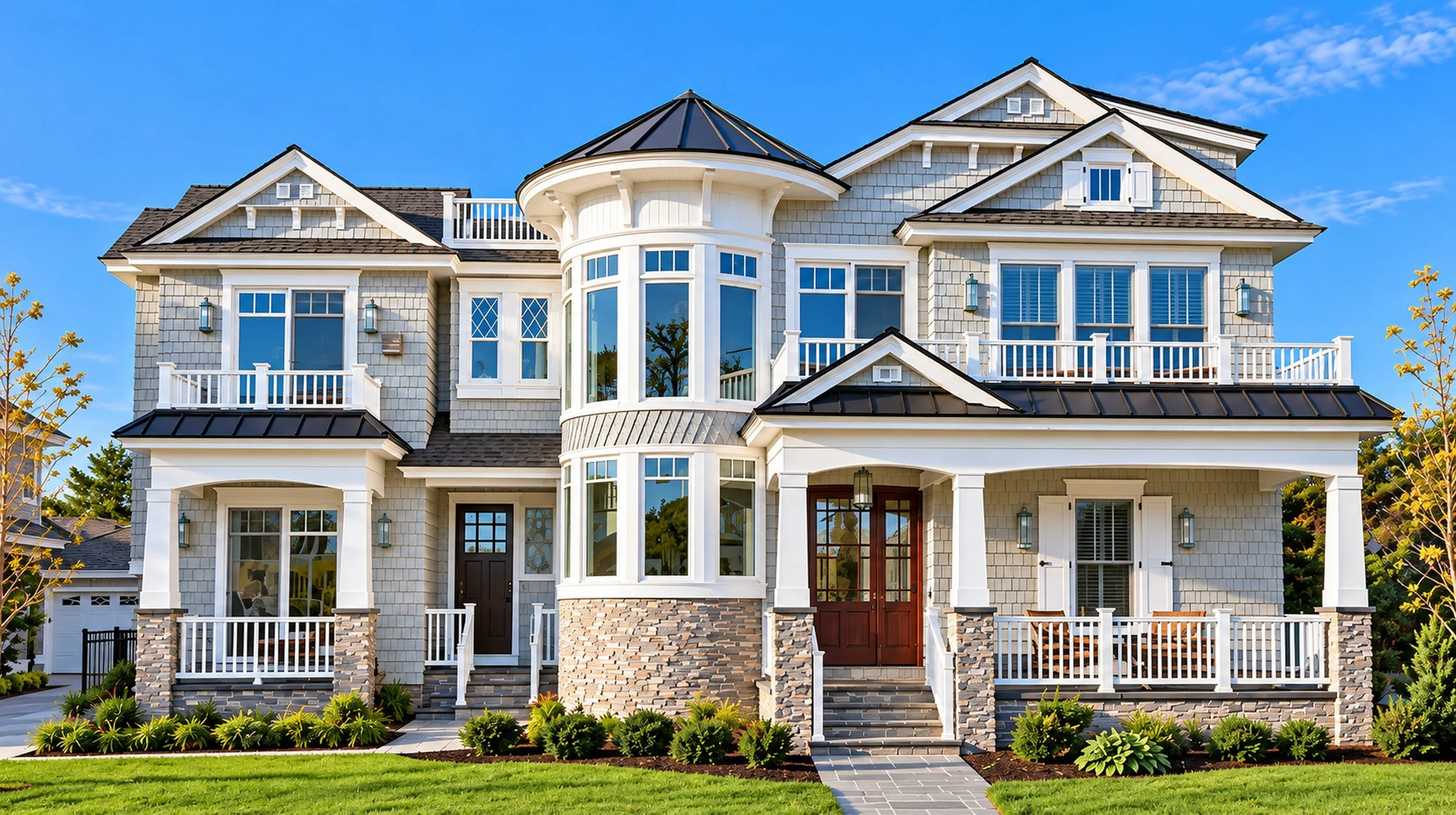 New custom home with a turret and wraparound porches, built by Coastal Modern Construction at 141 99th St, Stone Harbor, NJ