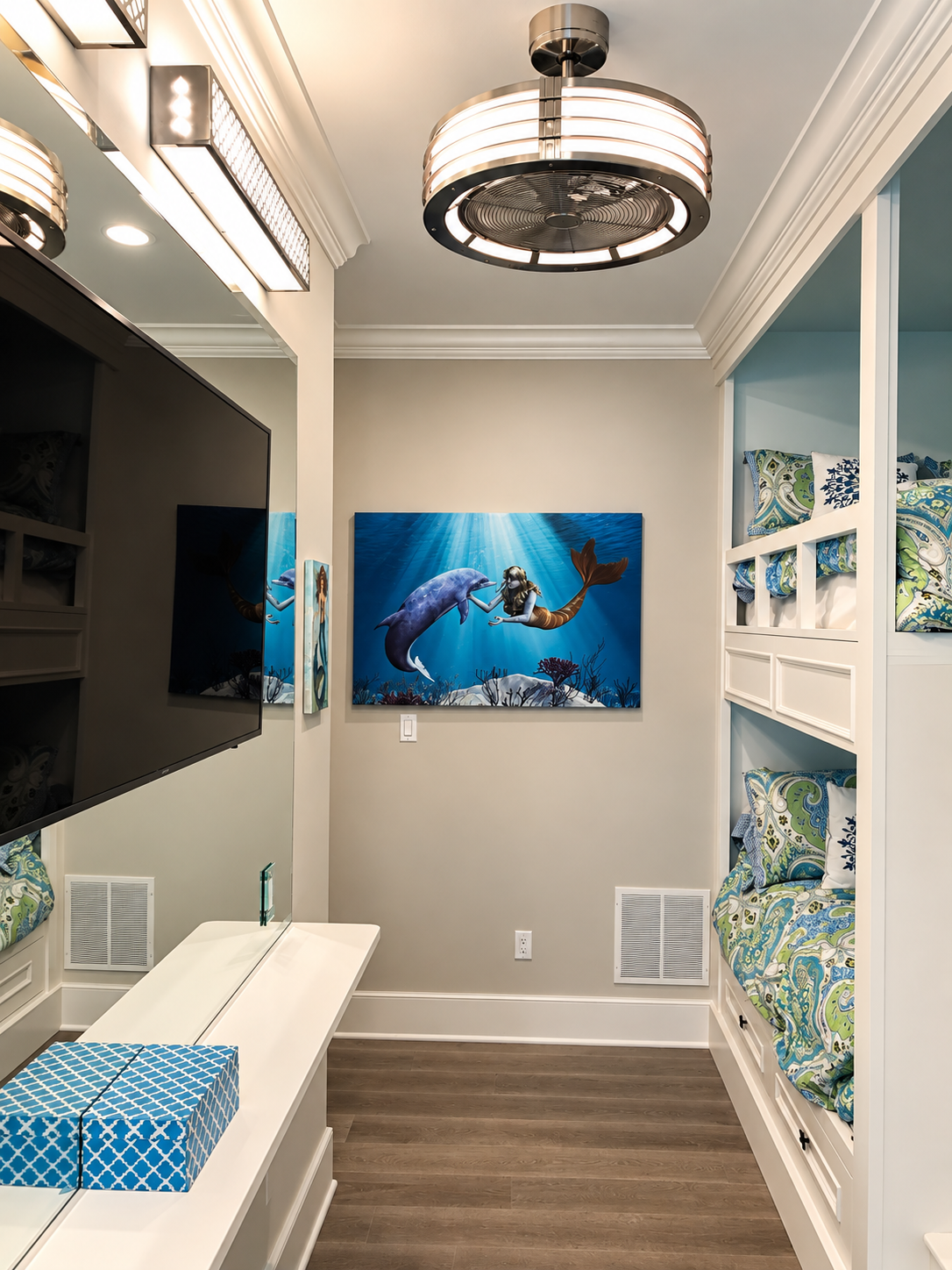 Bunk room with built-ins and TV, Stone Harbor NJ custom home