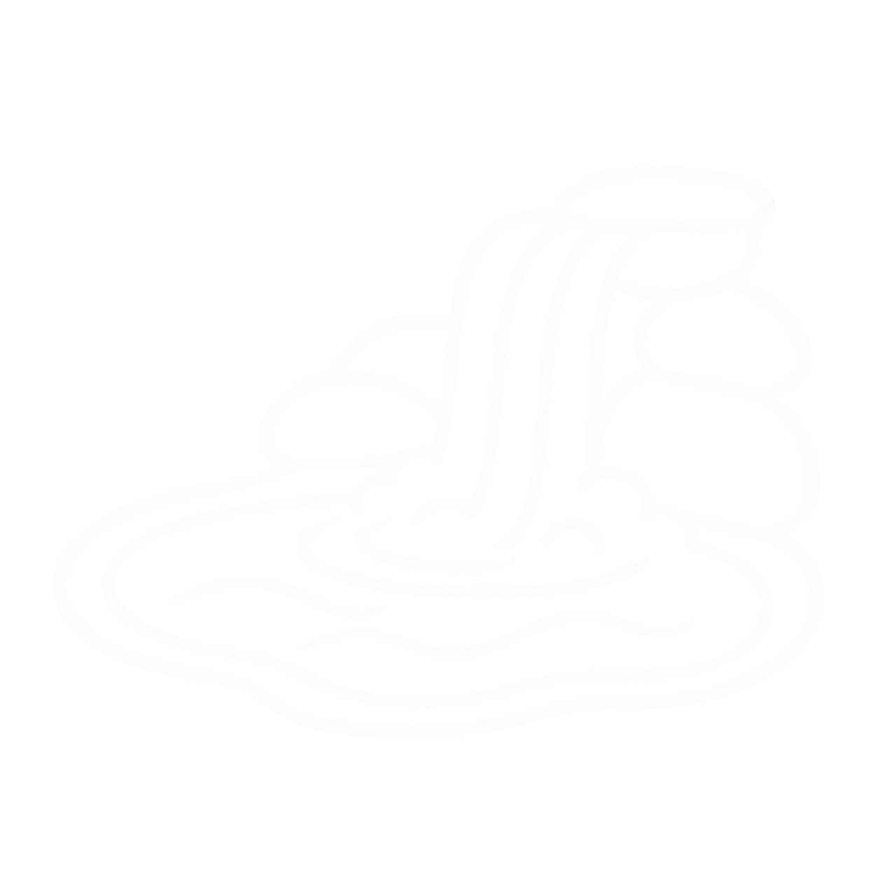 Neon outline of a waterfall cascading over rocks, with a pool at the bottom, depicted in white against a black background.