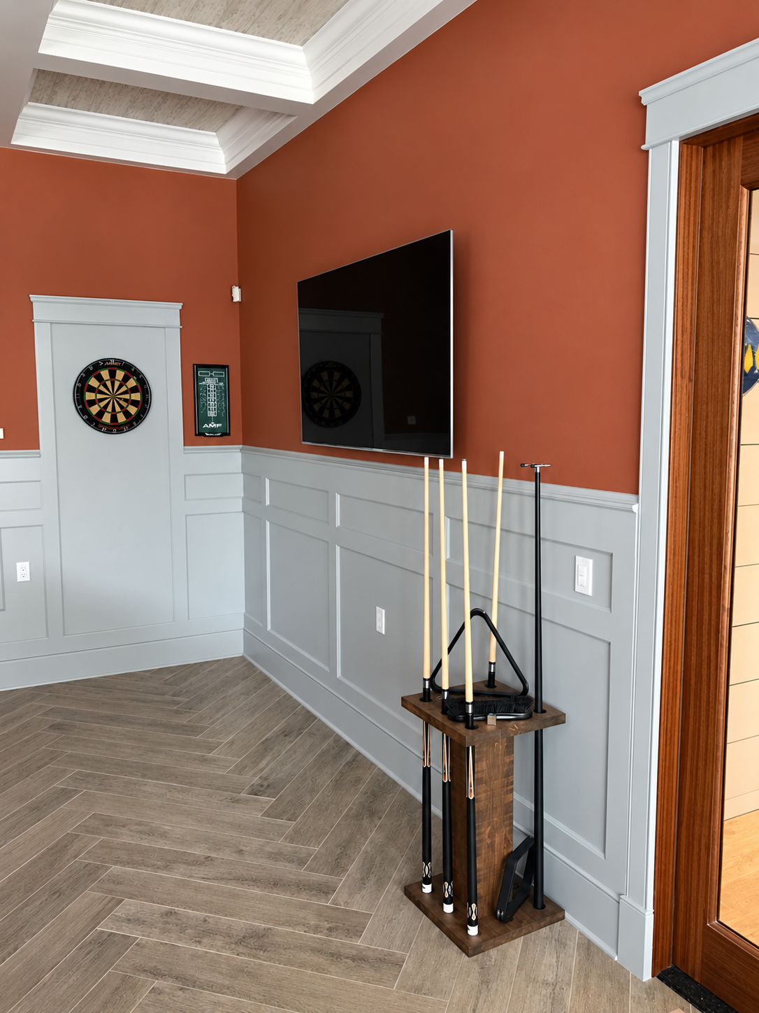 Game room dartboard and pool cue rack, Stone Harbor NJ custom home