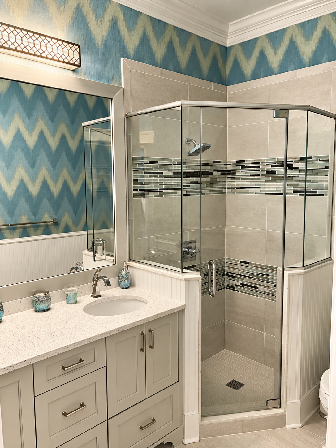 Guest bathroom with glass shower and mosaic tile band, Stone Harbor NJ