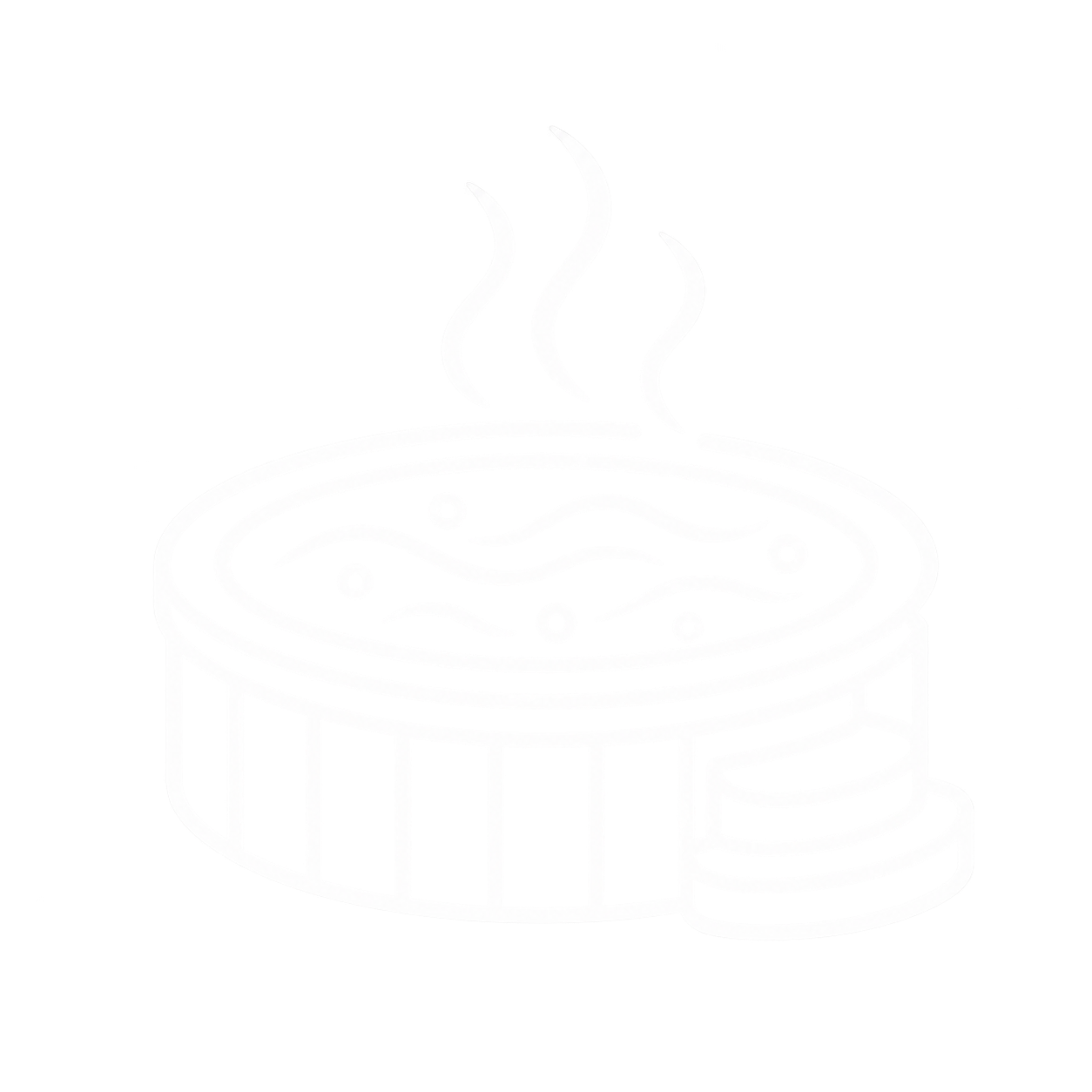 Outline of a steaming hot pot or container with steam rising and a few coins stacked beside it, symbolizing prosperity or wealth.