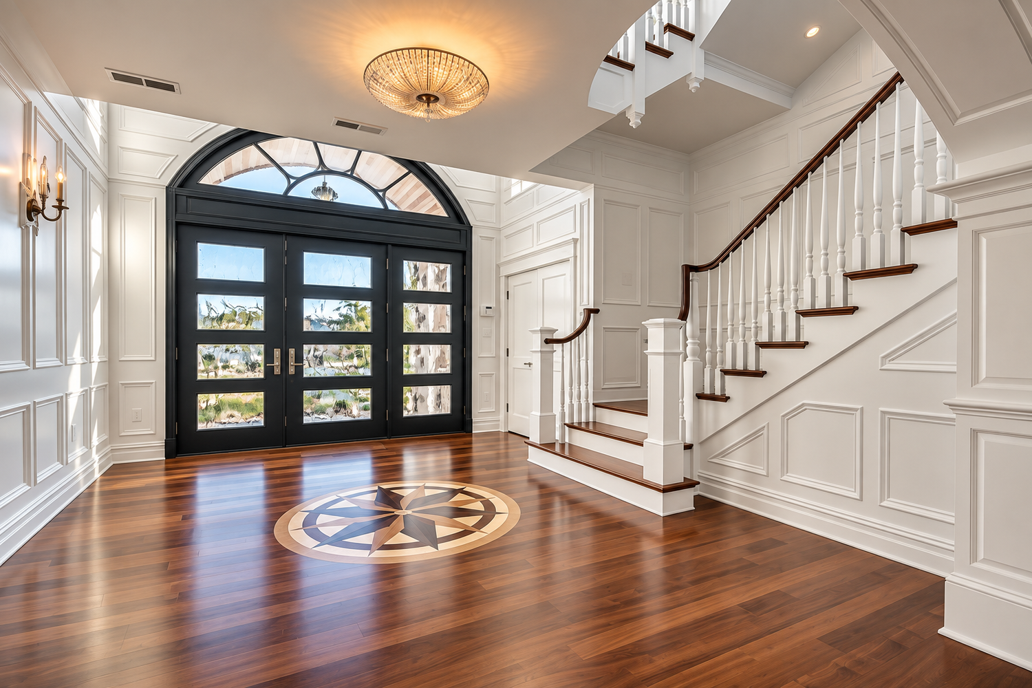 Grand foyer with a custom compass inlay in the floor, 174 Pelican Drive, Avalon, NJ