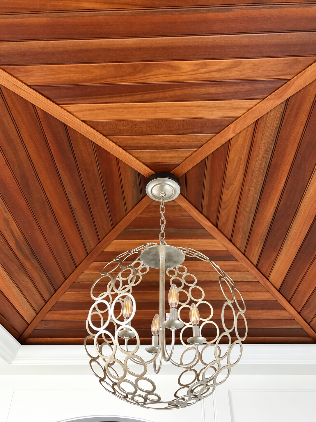 Wood plank ceiling with orb chandelier, Stone Harbor NJ custom home