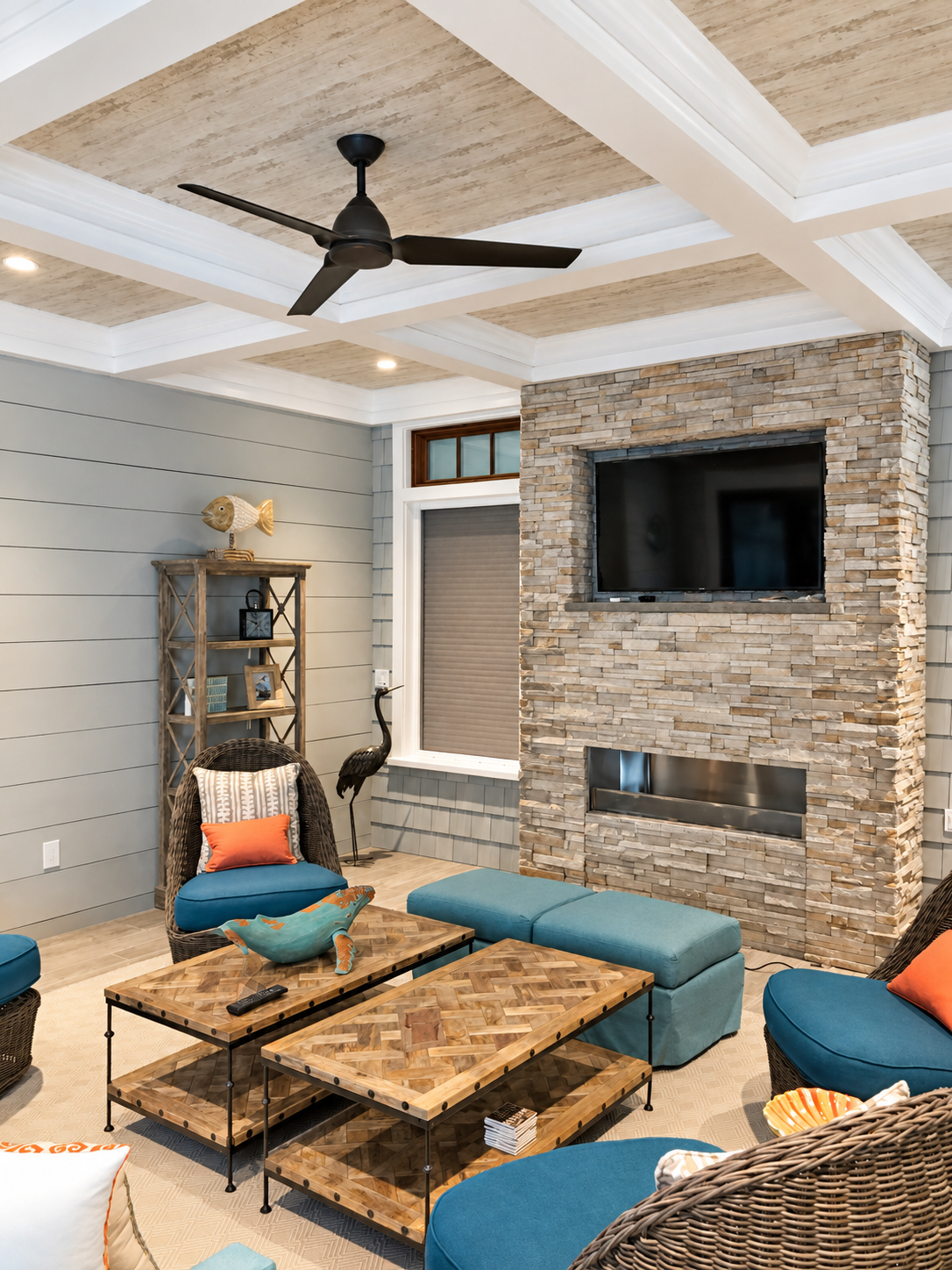 Florida room with stone fireplace and TV, Stone Harbor NJ