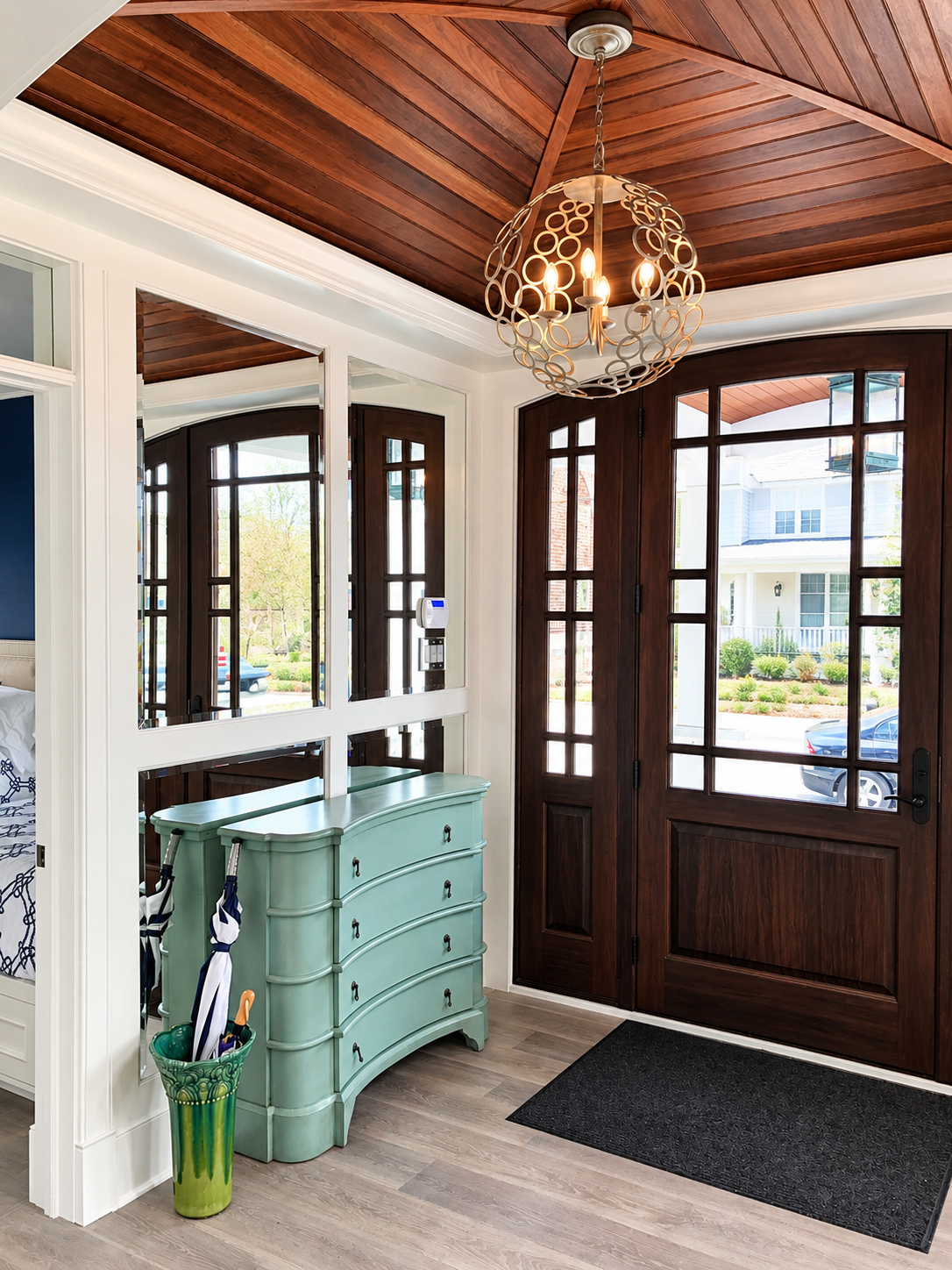 Entry foyer with wood double front doors and wood ceiling, Stone Harbor NJ custom home
