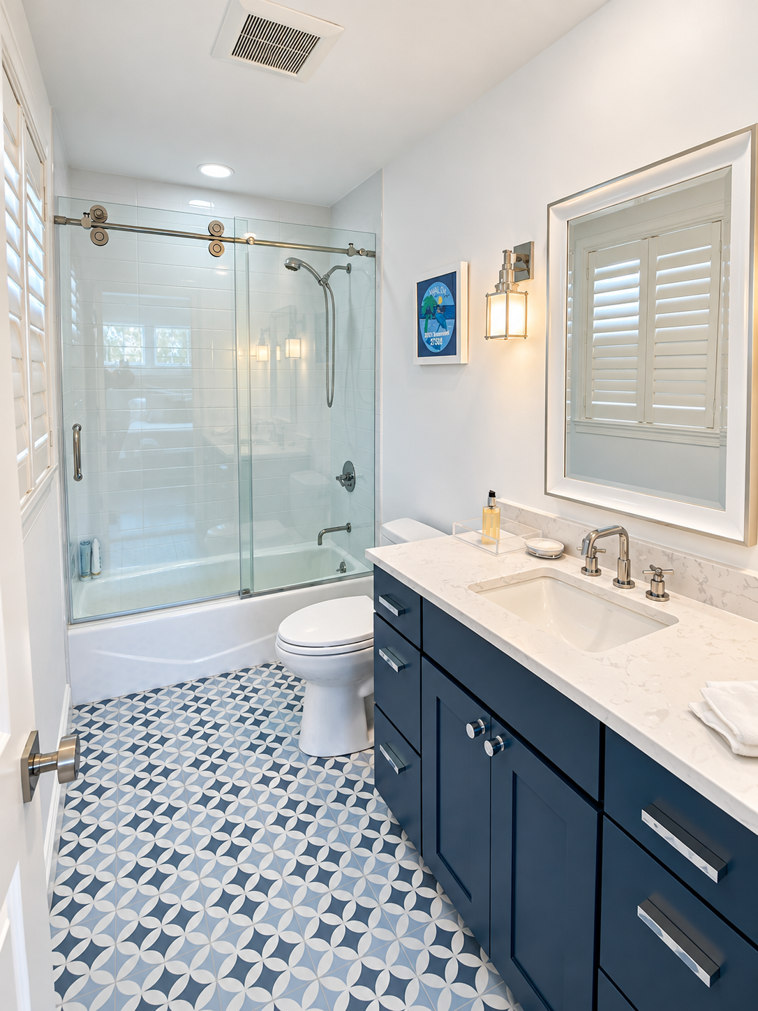Coastal bathroom with navy vanity, Avalon NJ