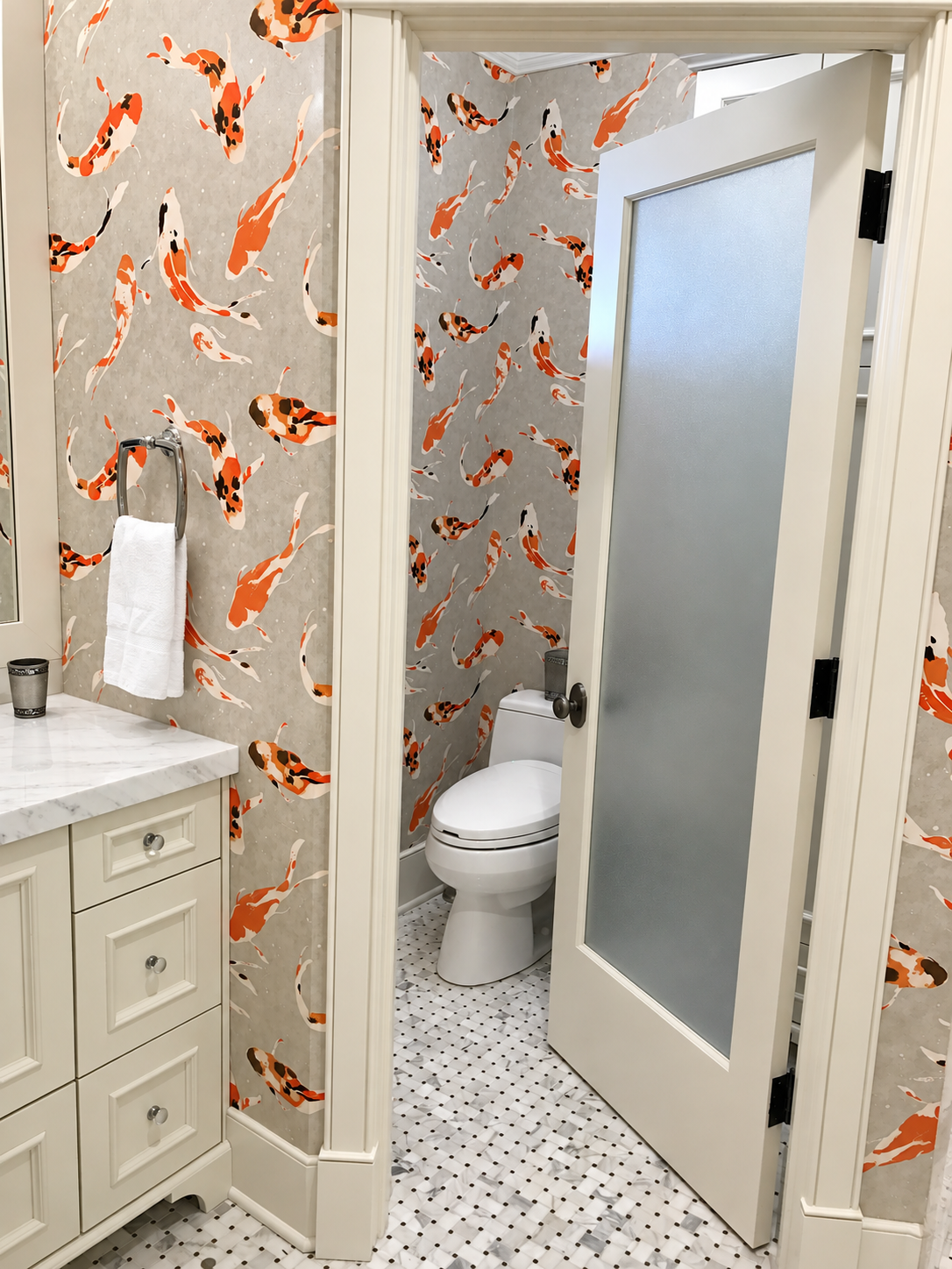 Powder room with koi fish wallpaper, Stone Harbor NJ