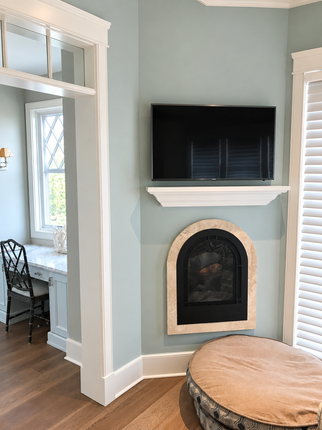 Bedroom fireplace nook with TV, Stone Harbor NJ custom home