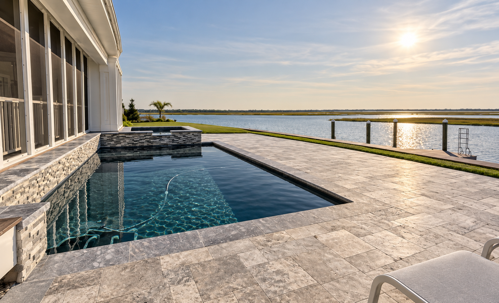 Waterfront pool and spa with a travertine patio at sunset, new custom home in Avalon, NJ