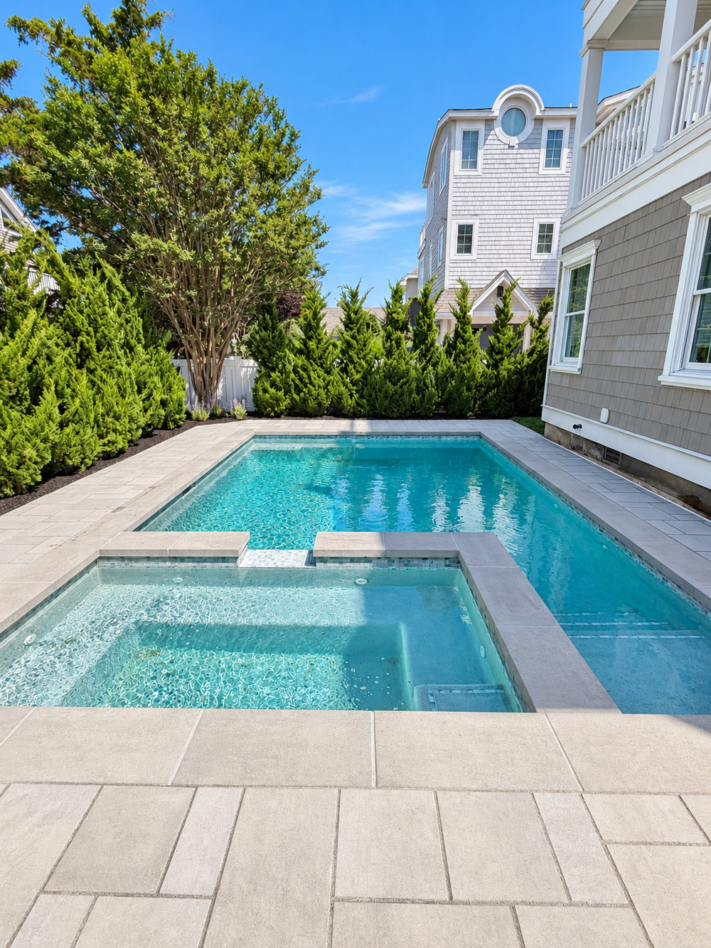 Custom gunite pool and attached spa with porcelain paver patio at the Jersey Shore