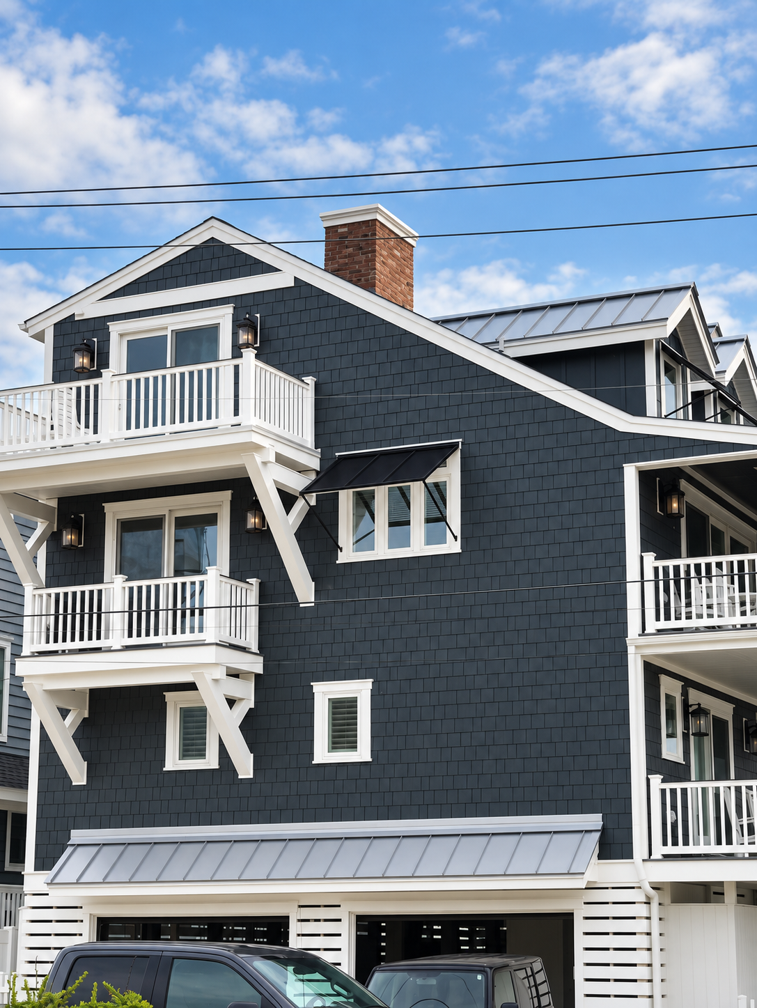 Side balconies and new charcoal shingle siding on the renovated Sea Isle City duplex