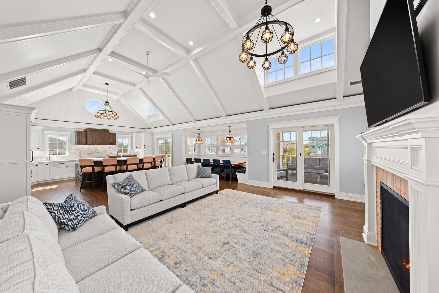 Great room with a cathedral ceiling, open to the kitchen and dining area, 213 57th St, Avalon, NJ