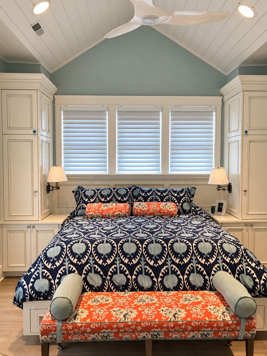 Bedroom with custom built-in cabinetry around the bed, Stone Harbor NJ
