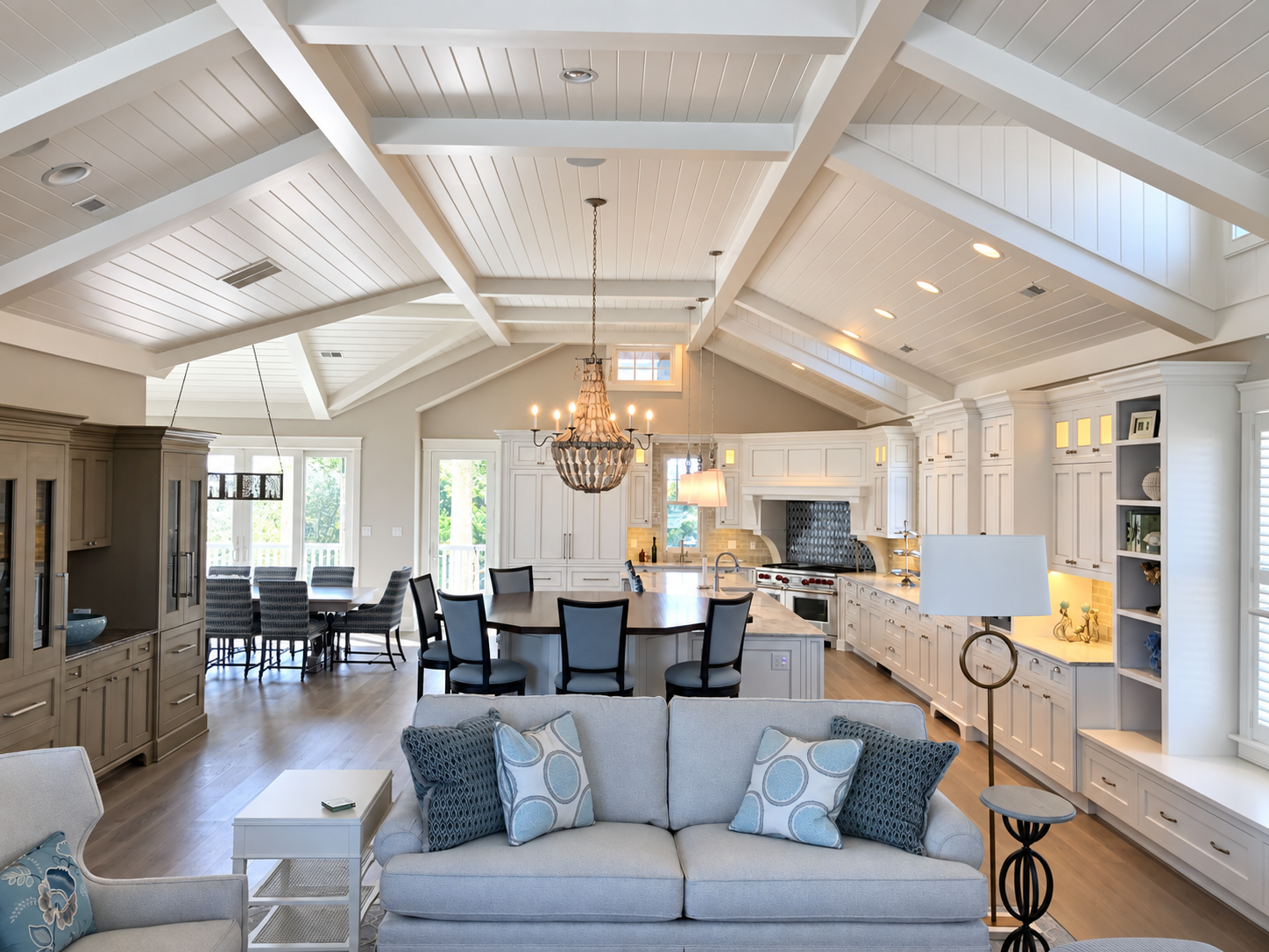 Open-concept living room and kitchen with wrapped beams, Stone Harbor NJ