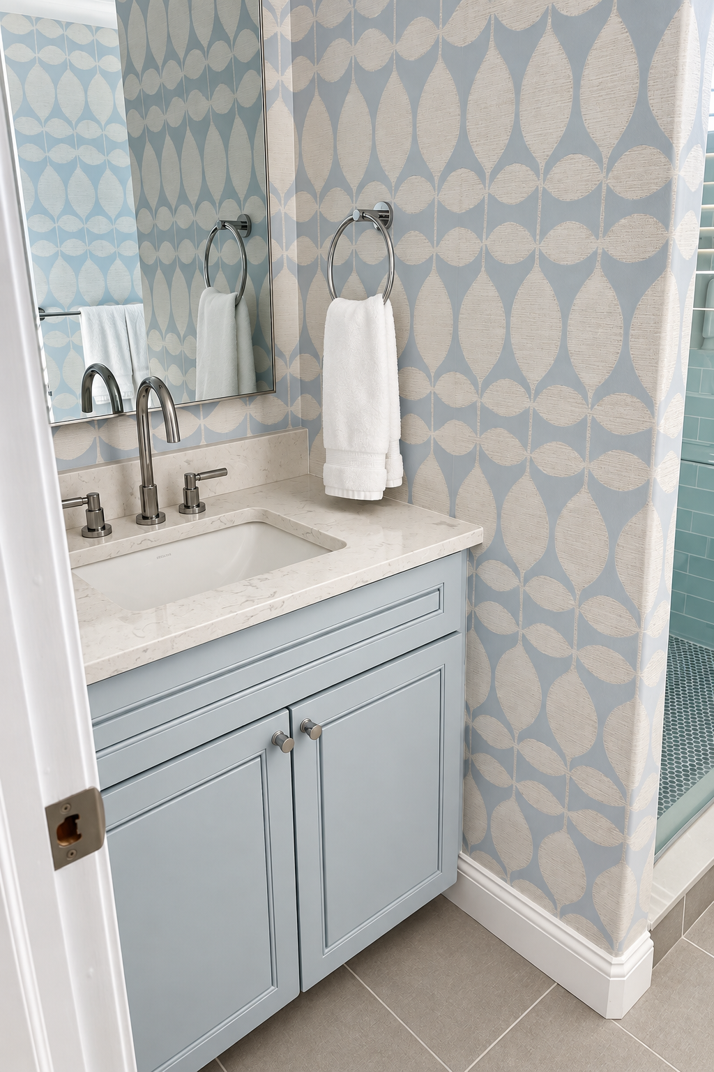 Bathroom renovation with blue vanity, Avalon NJ