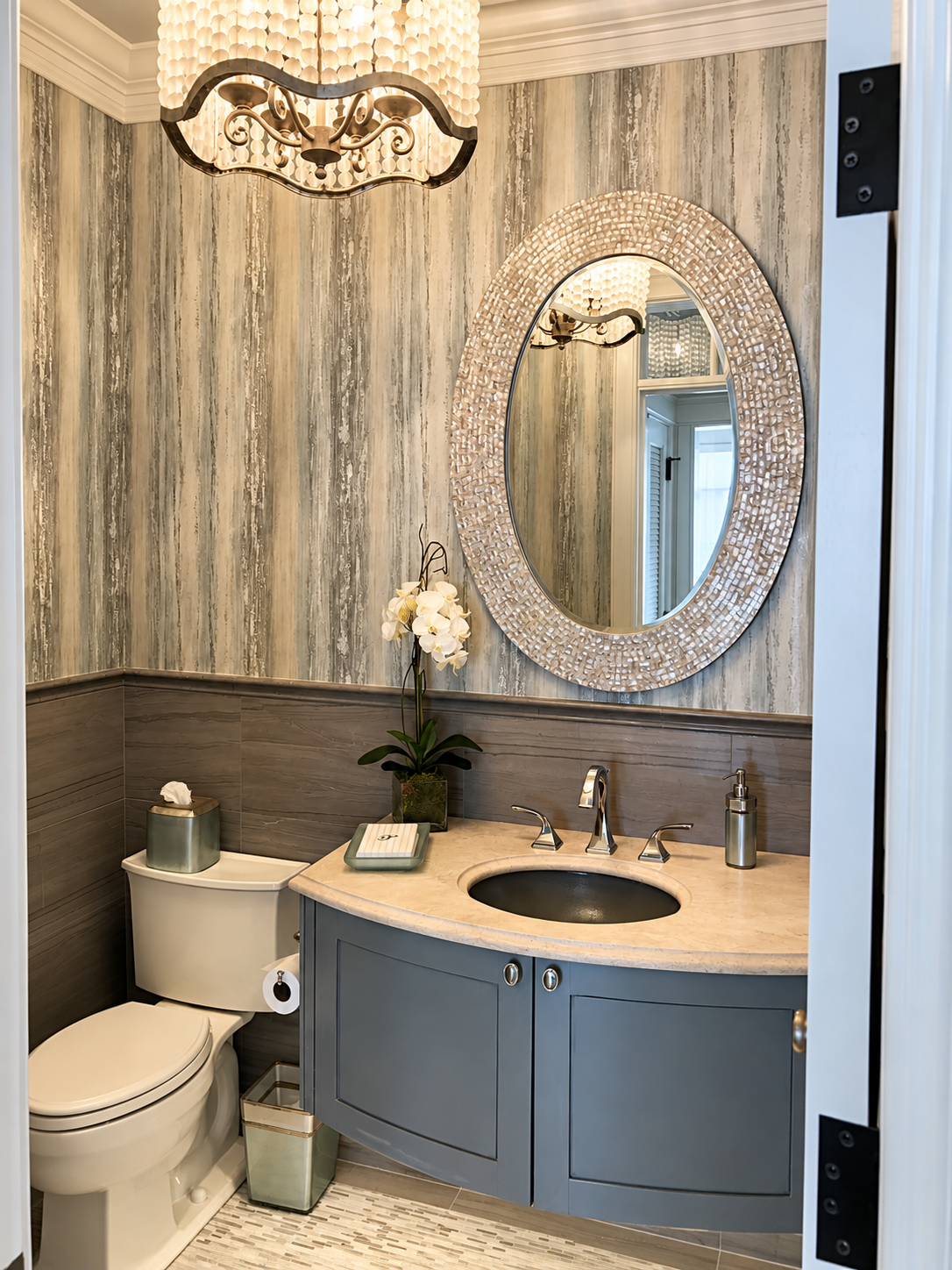 Powder room with blue-gray vanity and wood plank walls, Stone Harbor NJ custom home