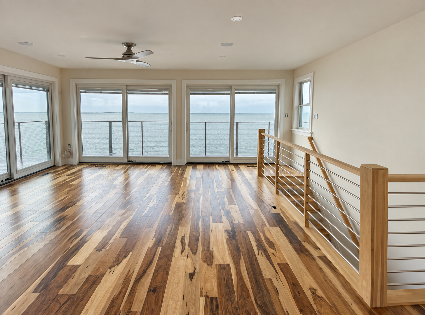 Great room with new flooring, cable rail stairs and water views on Jenkins Sound, Cape May Court House, NJ