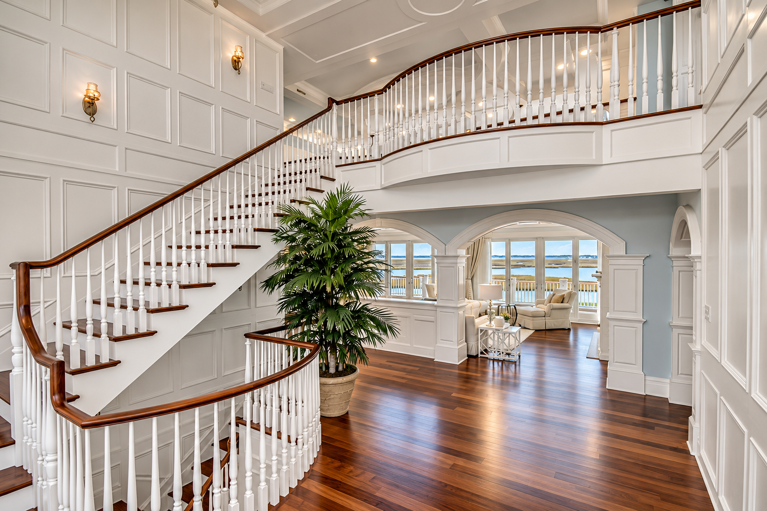 Curved grand staircase with water views beyond in a new Avalon, NJ custom home