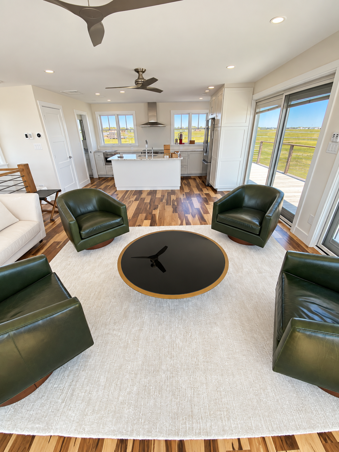 Open living room and new kitchen in the renovated home on Jenkins Sound, Cape May Court House, NJ