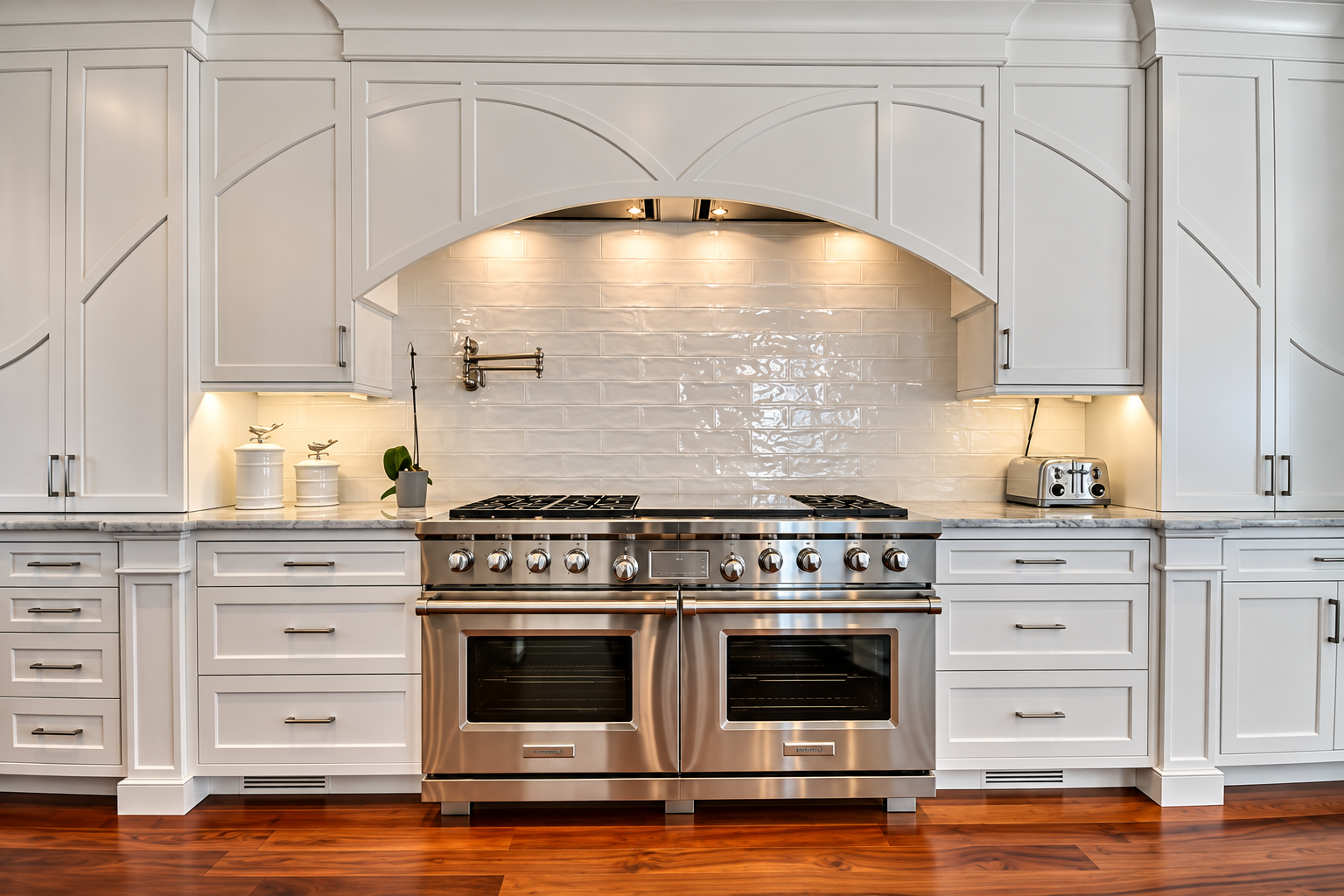 Kitchen range wall with white custom cabinetry and a tile backsplash in an Avalon, NJ custom home