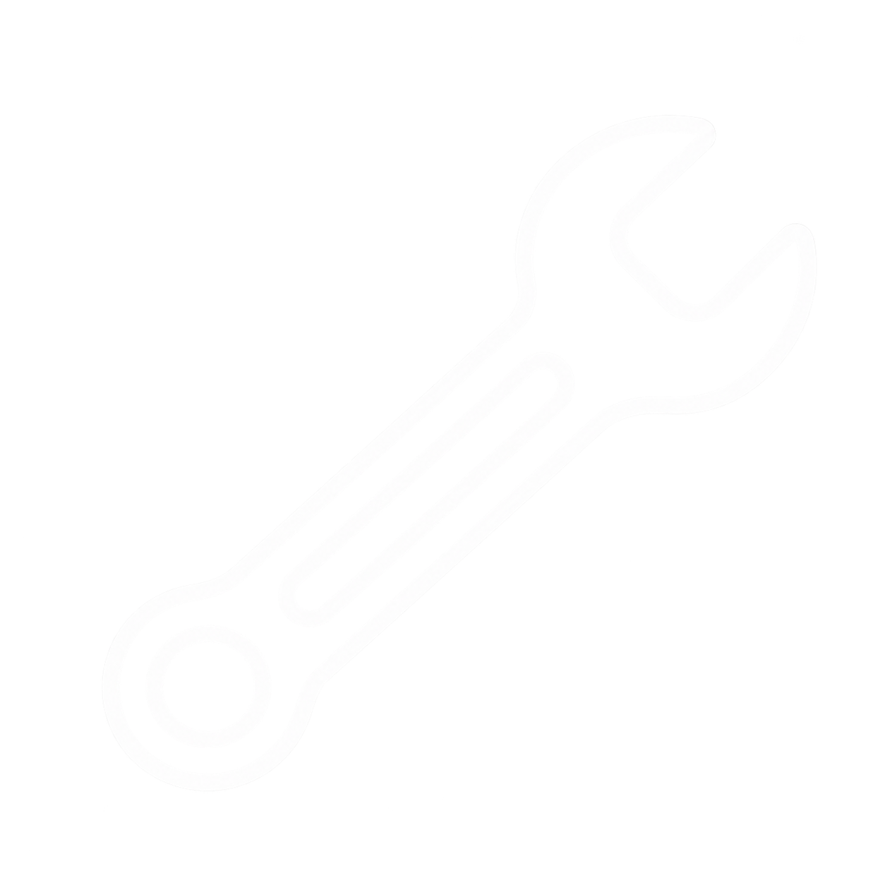 Outline of a wrench with a gear at its handle end, depicted in white on a black background.