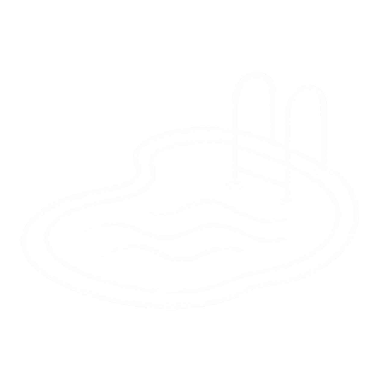 Outline of a water slide with two tall slides, a curved sliding path, and surrounding pool area, on a black background.