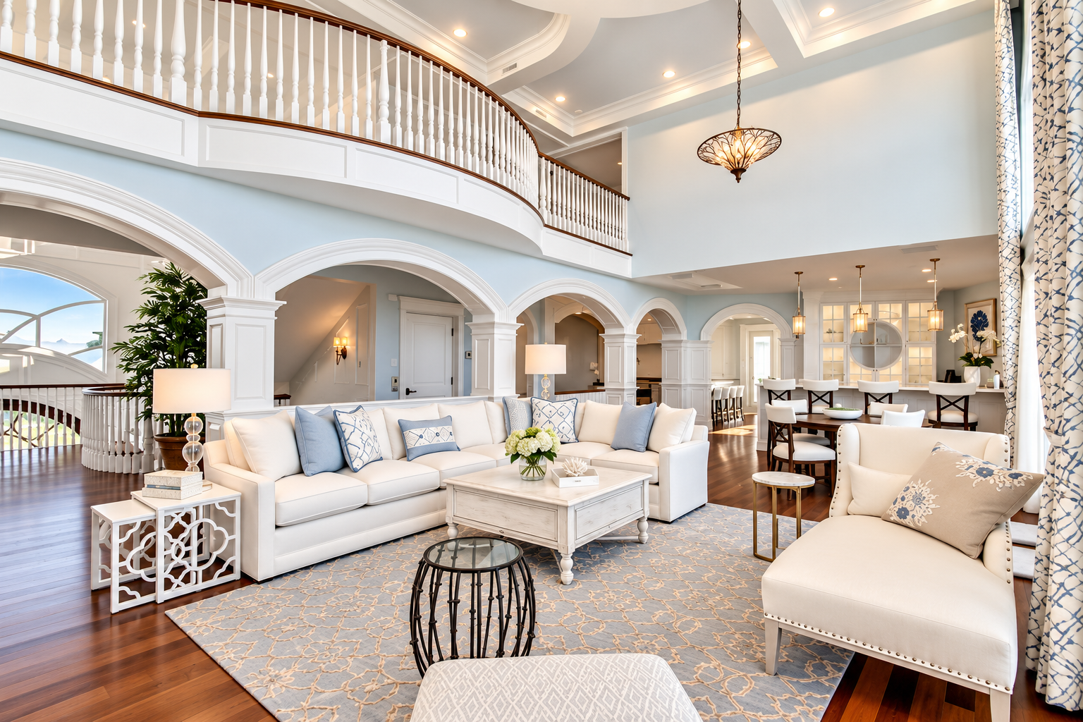 Open great room under a curved balcony with arches and custom millwork, Avalon, NJ custom home