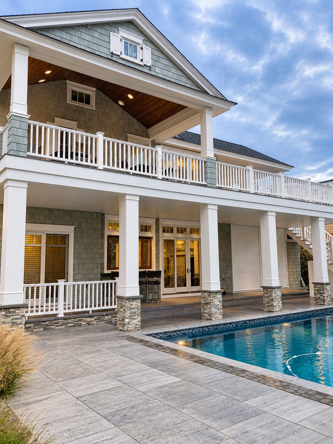 Rear covered porches overlooking the pool, Stone Harbor NJ custom home