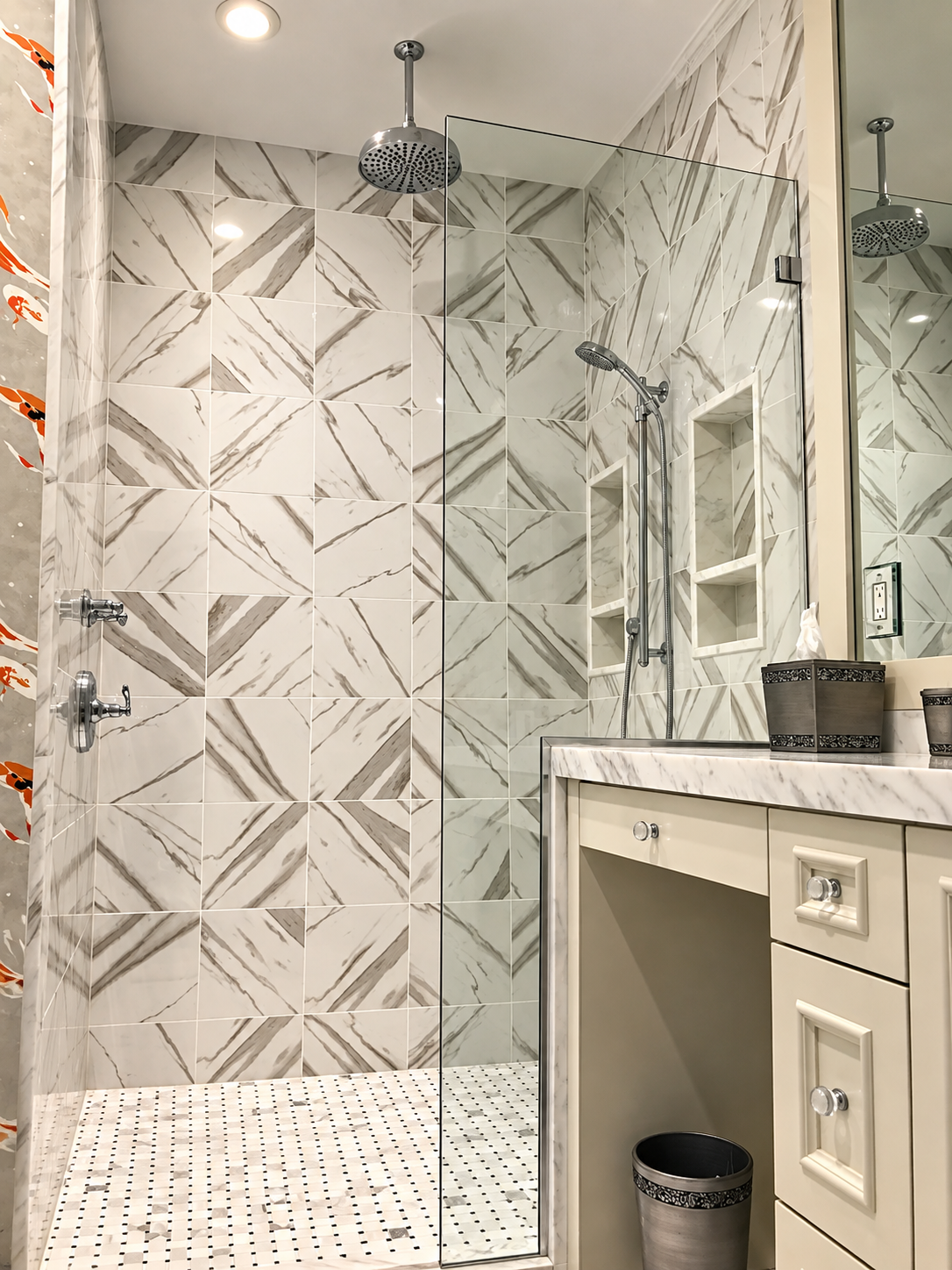 Walk-in shower with marble-look tile and vanity, Stone Harbor NJ