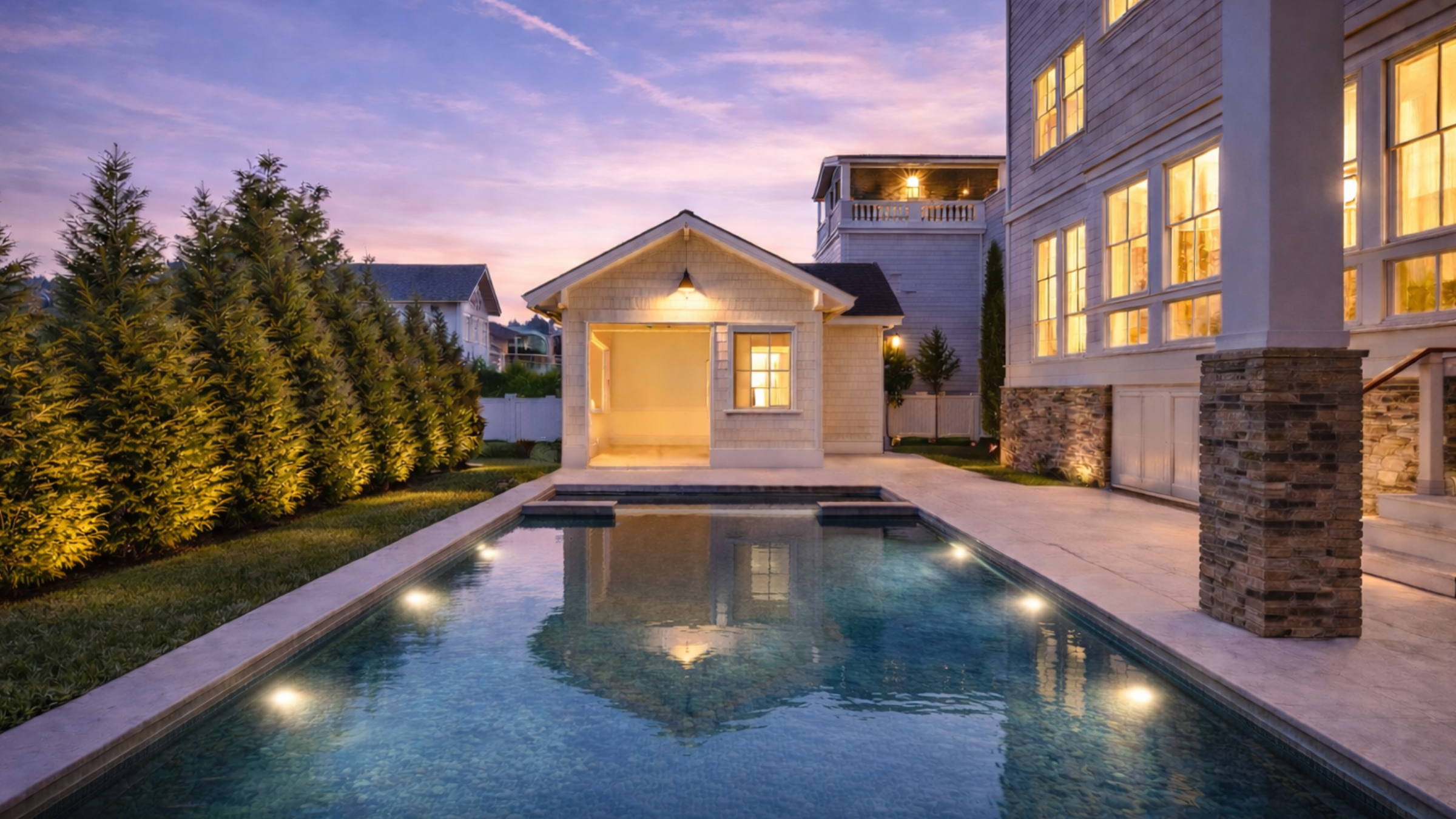 Custom pool and pool house lit at dusk at the Jersey Shore