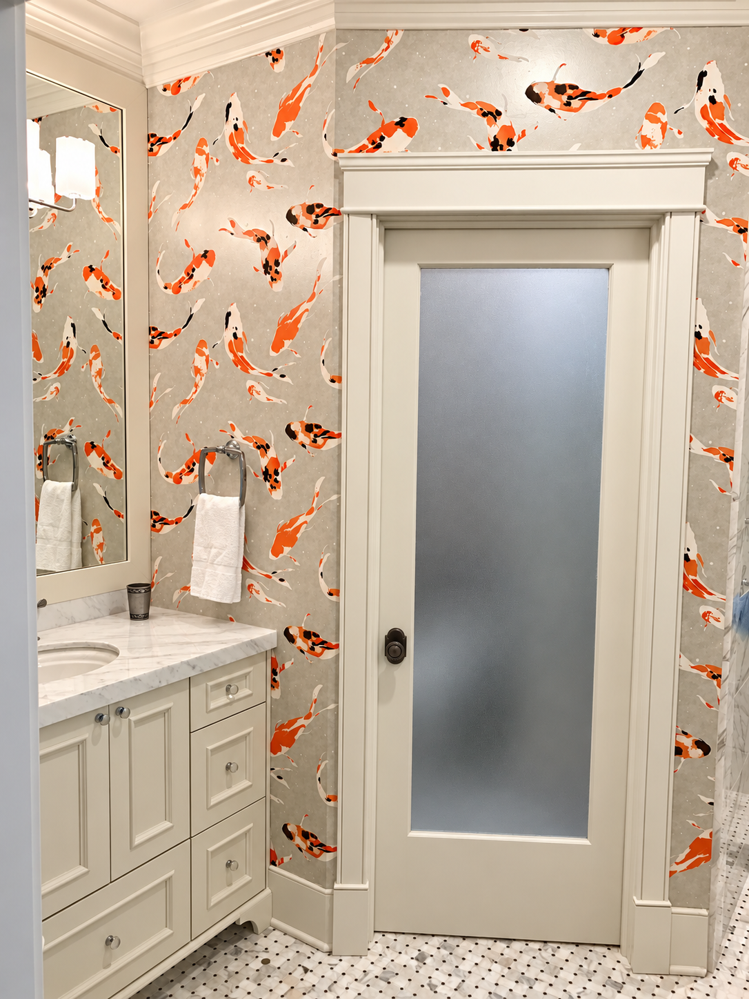 Powder room with koi wallpaper and white vanity, Stone Harbor NJ custom home