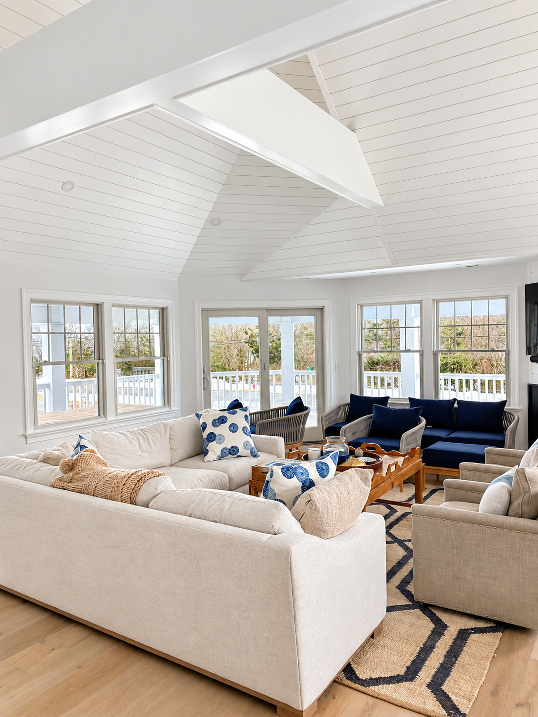 Coastal living room renovation with vaulted ceiling, Avalon NJ