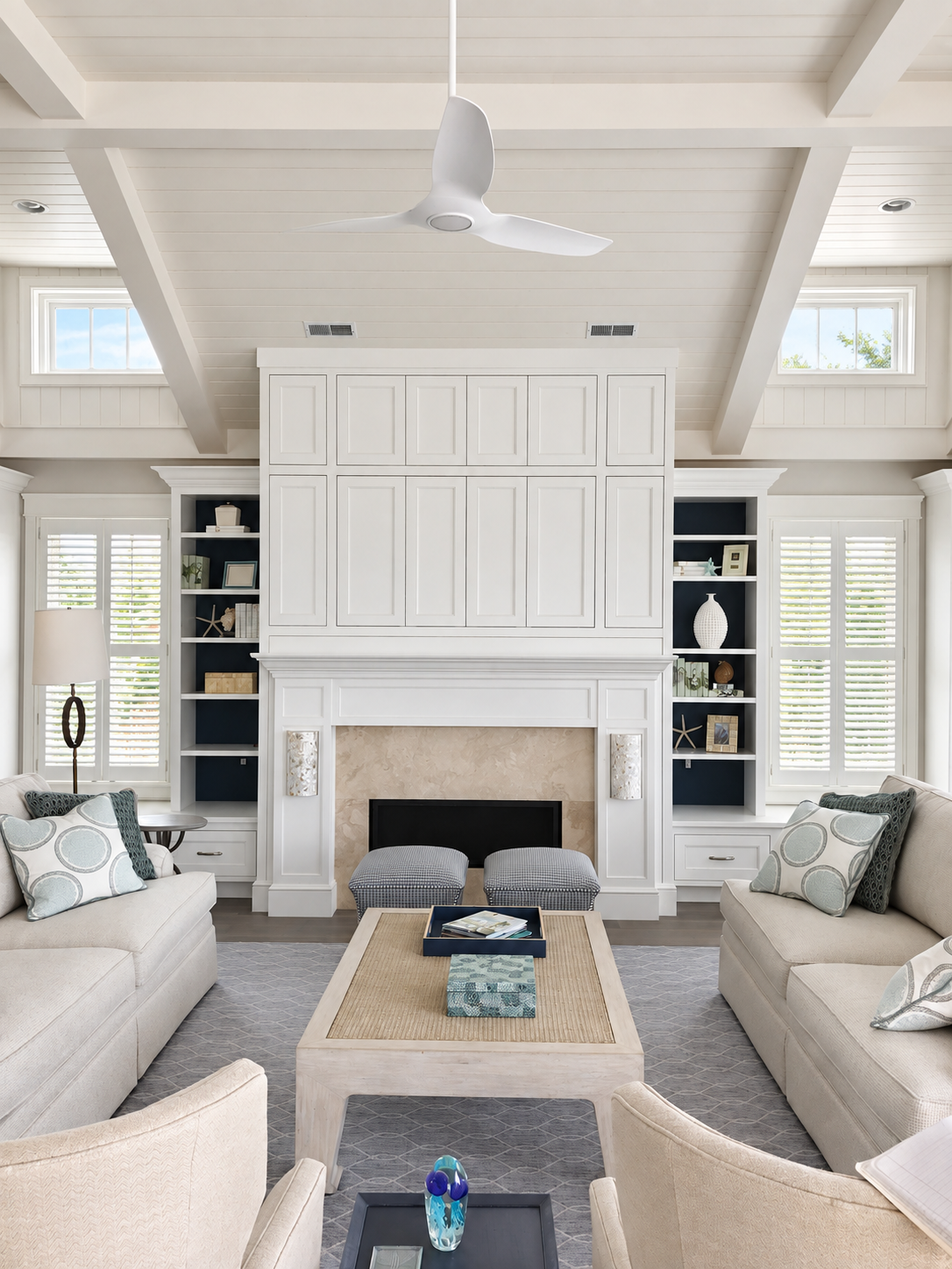 Living room with fireplace and built-in cabinetry, Stone Harbor NJ custom home
