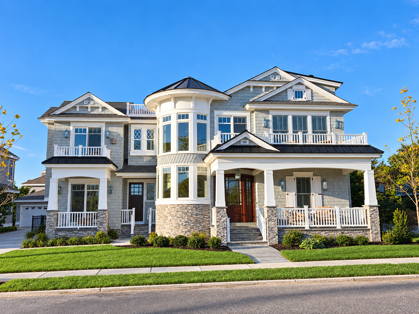 Front exterior of a new custom home with turret and wraparound porch, Stone Harbor NJ