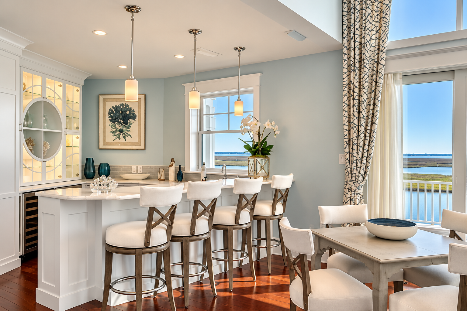 Kitchen breakfast bar and dining area with water views in an Avalon, NJ custom home