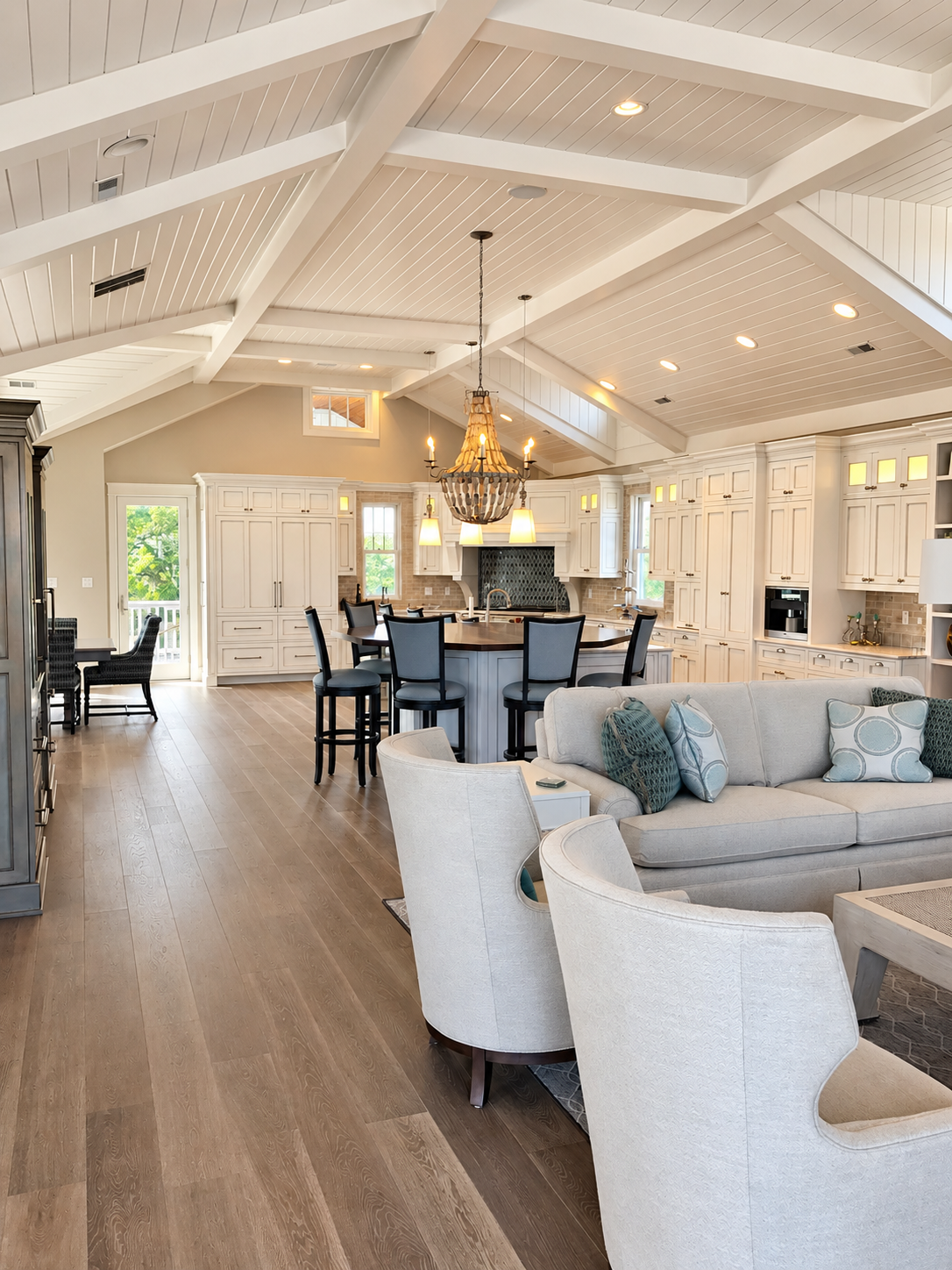 Vaulted open kitchen and living area with V-groove ceiling, Stone Harbor NJ custom home