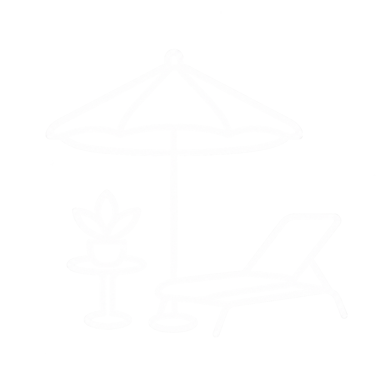 Outline of a patio scene with a lounge chair, a large umbrella, and a potted plant with large leaves.