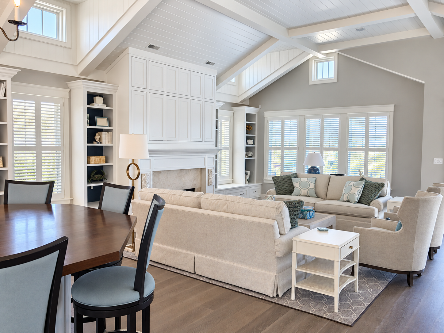 Living room with built-in shelving and vaulted ceiling, Stone Harbor NJ custom home