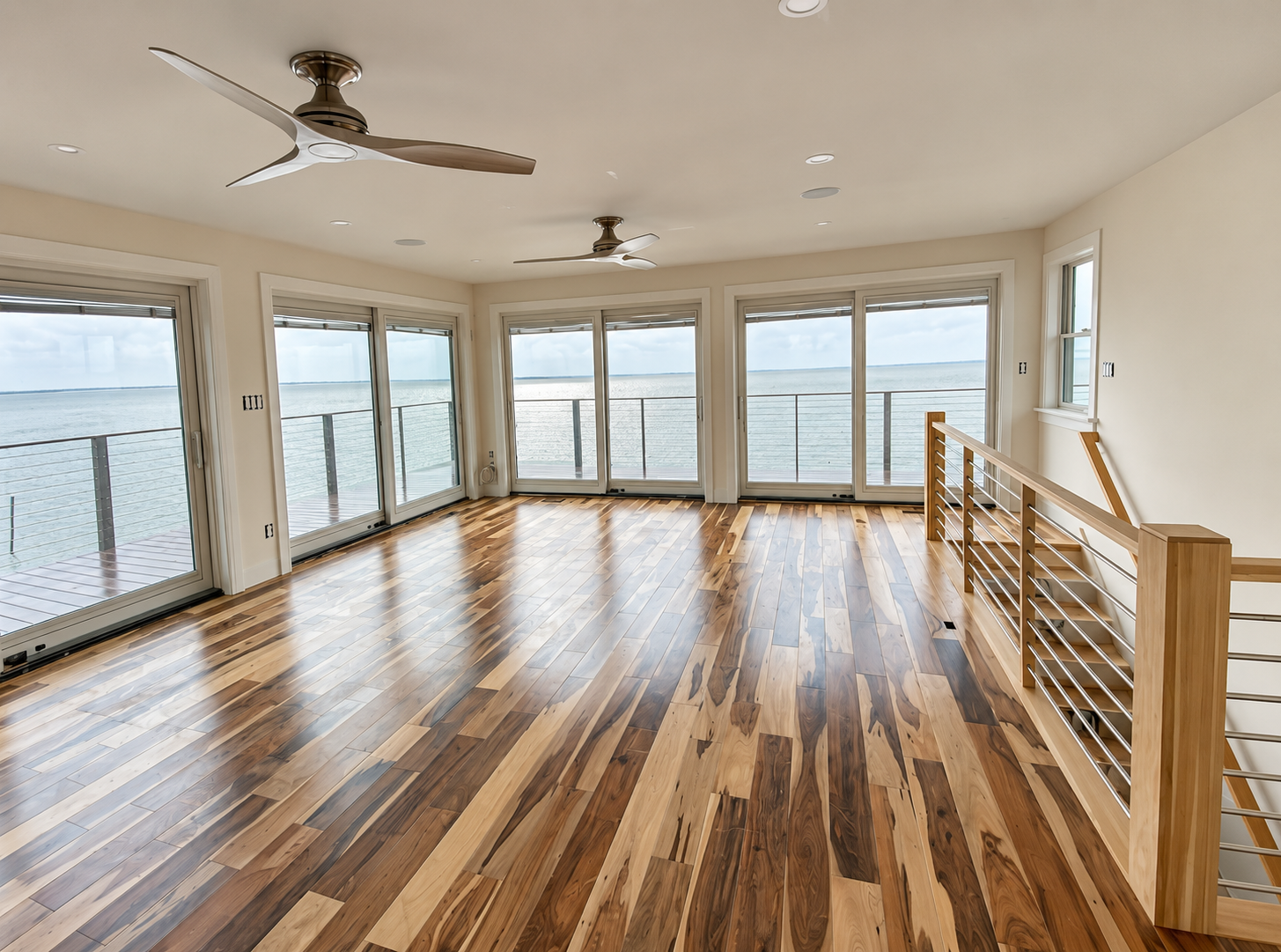 Open great room with new flooring and walls of windows over the water on Jenkins Sound, Cape May Court House, NJ