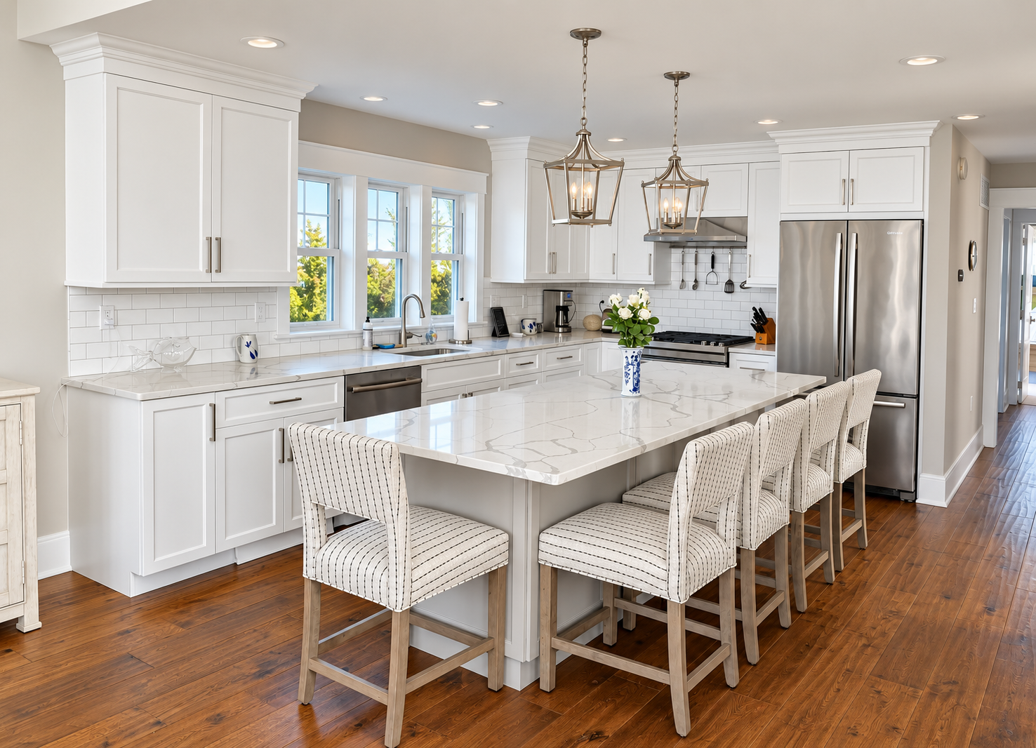 White kitchen with a large island in a new custom home in Avalon, NJ
