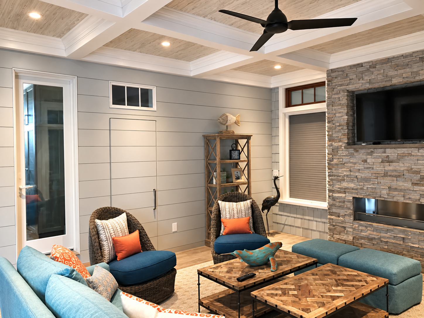Florida room with stacked stone fireplace and coffered ceiling, Stone Harbor NJ custom home